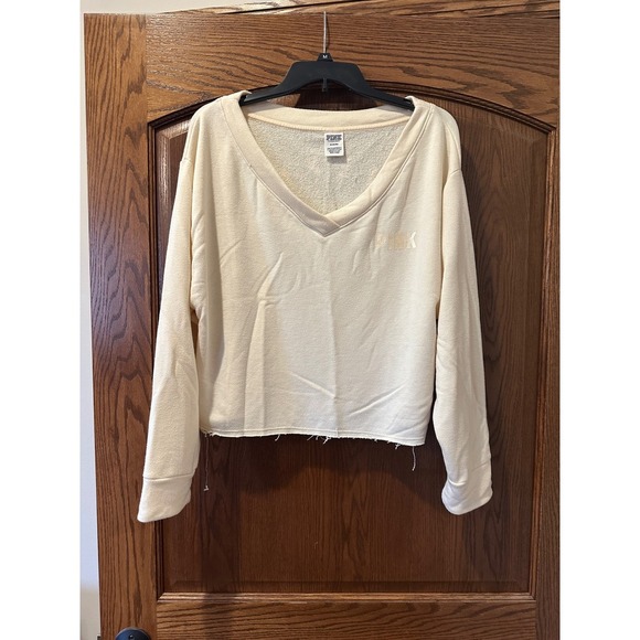 PINK Victoria's Secret Tops - PINK‎ Victoria's Secret Sweatshirt Raw Hem V Neck Pullover Top Beige Comfy